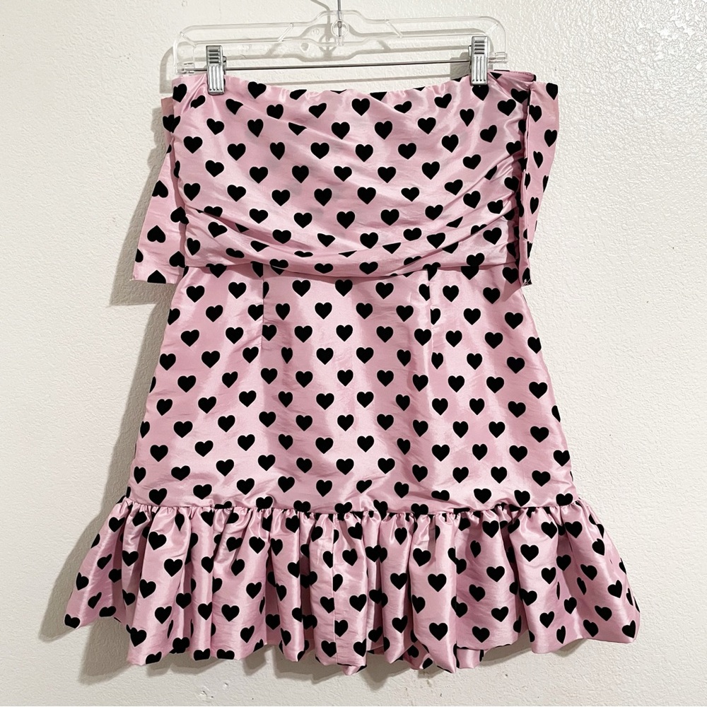 LoveShackFancy Tilson Bow Front Mini Dress in Pink Black Velvet Heart Pattern - Picture 7 of 11